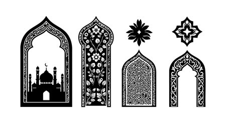 Vector set of Islamic window arches featuring intricate floral and geometric patterns in black silhouette style, suitable for cultural and architectural design projects, elegant and detailed.のイラスト素材