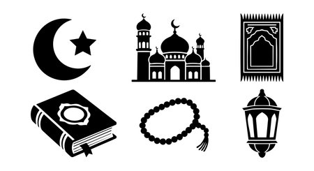 Set of black silhouette Islamic religious symbols featuring mosque, crescent star, prayer rug, Quran, tasbih beads, and lantern in vector style, conveying spirituality and tradition. Calm mood.のイラスト素材