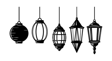 Vector illustration shows five traditional hanging lanterns with different shapes and patterns, suitable for festive decoration or ambient lighting, evoking warm and nostalgic mood.のイラスト素材