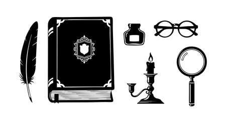 Vector illustration shows vintage reading set with feather quill, old book, ink bottle, candle holder, magnifying glass, and spectacles in black silhouette style, classic and nostalgic mood.のイラスト素材