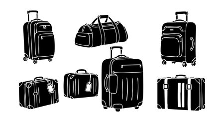Vector image displays multiple black silhouette travel luggage including trolley suitcases and a duffel bag in different shapes and sizes, perfect for travel or packing themes, minimalist and stylish.のイラスト素材