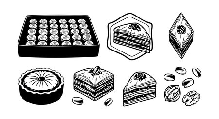 This vector illustration shows various Middle Eastern baklava desserts with nuts in black and white style. The design captures intricate details of sweets and nuts, creating a classic mood.のイラスト素材