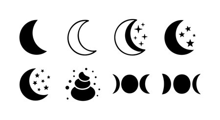 Black and white crescent moon icons showing various phases with stars and mystical elements in a clean vector style. Perfect for design, decoration, and celestial themes. Calm and mysterious.のイラスト素材