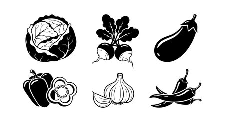 This vector features black and white vegetable illustrations including cabbage, radish, eggplant, pepper, garlic, and chili pepper in a clean, simple style. Minimalistic and clear.のイラスト素材