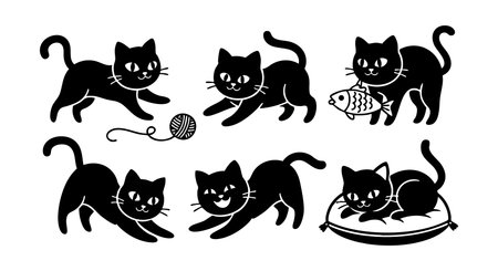 This vector illustration shows six black cats playing with yarn, chasing fish, and resting on a pillow in different playful and relaxed poses. Charming and lively.のイラスト素材