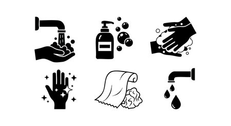 Set of black and white hand washing and hygiene icons includes soap dispenser, faucet, towel, and sparkling clean hands, emphasizing health and cleanliness, simple and clear design. Calm.のイラスト素材