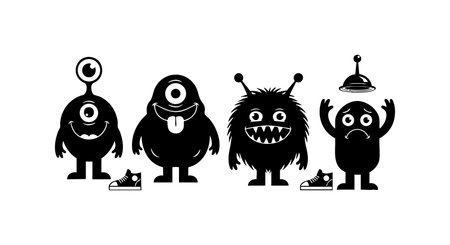 This vector features four cute black silhouette cartoon monsters with one eye and funny expressions,...
