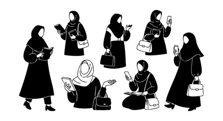 This vector features a Muslim woman wearing a hijab engaged with a smartphone in different poses and activities, showcasing modern lifestyle and technology use. Contemporary and calm.のイラスト素材