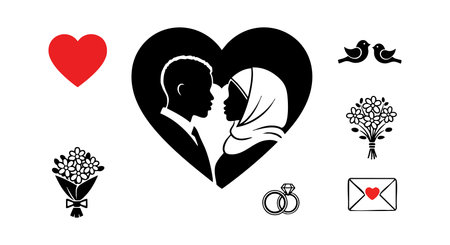 Vector illustration shows a romantic couple silhouette inside a heart with wedding rings, love birds, flower bouquets, and a love envelope, conveying themes of love and marriage, joyful mood.のイラスト素材