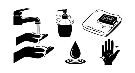 Vector image shows hand washing process with water faucet, liquid soap dispenser, soap bar on towel, and sparkling clean hand to promote hygiene and cleanliness. Clean mood.のイラスト素材