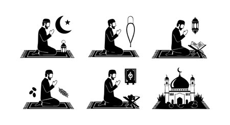 Silhouettes of a Muslim man performing different acts of worship such as praying, reading Quran, and holding prayer beads with a mosque in the background in a simple black vector style. Spiritual and calm.のイラスト素材