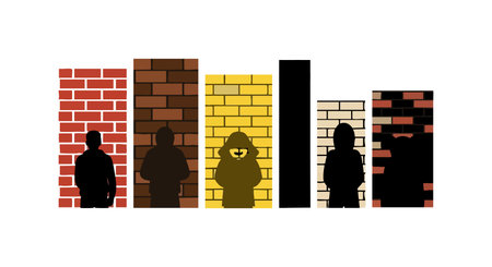 This vector image shows five silhouette figures standing in front of variously colored brick walls including red, brown, yellow, beige, and black. The style is minimalist and modern, evoking an urban and artistic mood.のイラスト素材
