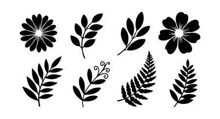 This vector features black floral and leaf silhouettes arranged in a neat composition, ideal for decorative and nature-themed designs, evoking a classic and elegant mood.のイラスト素材