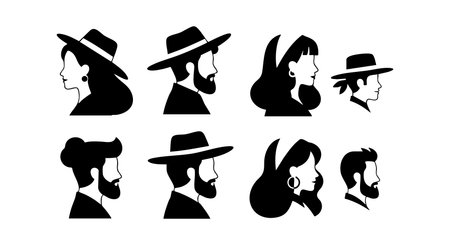 This vector set features silhouettes of men and women wearing hats and earrings in various profile and side views, showing diverse styles in black and white, minimalistic and stylish. Calm.のイラスト素材