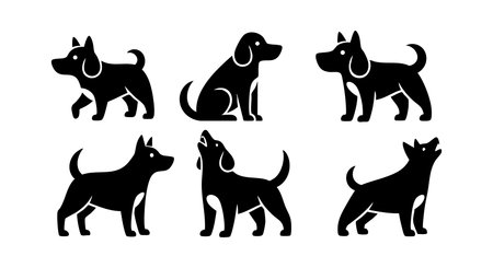 This vector set features black dog silhouettes in six different poses, suitable for pet-related designs and creative animal themes. The style is simple and bold, conveying clarity and charm. Cheerful mood.のイラスト素材