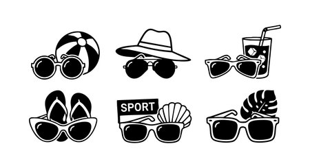 This vector set features summer sunglasses paired with hats, flip flops, drinks, and a beach ball, evoking a sunny vacation mood with a playful and relaxed vibe.のイラスト素材