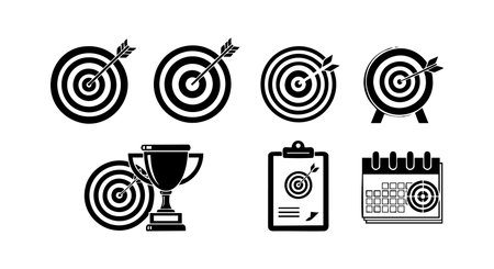 This vector set shows target icons with darts, a trophy, a clipboard, and a calendar, symbolizing goal achievement and strategic planning in a simple black silhouette style. Motivational mood.のイラスト素材