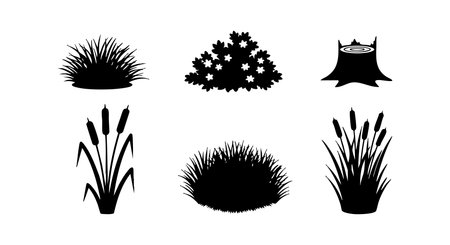 This vector file shows six different black silhouette grass and bush shapes used for nature or garden design. The clean outlines present an elegant and simple style. Calm mood.のイラスト素材