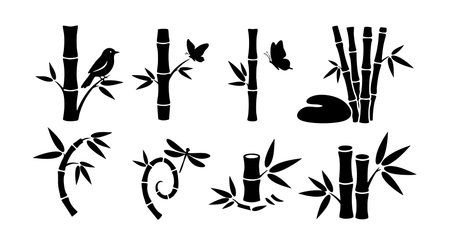 This vector features black bamboo silhouettes accompanied by birds, butterflies, a dragonfly, and stones, creating a natural and serene atmosphere with a minimalist style. Calm and peaceful.のイラスト素材