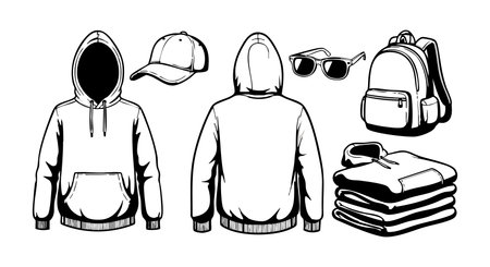 Vector illustration shows front and back views of hoodie sweatshirt, cap, sunglasses, backpack, and folded clothes arranged neatly. Design is clean and minimal, perfect for casual fashion use. Modern mood.のイラスト素材