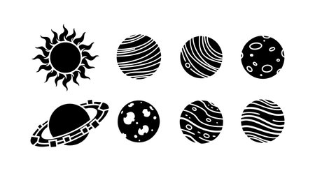 This vector image shows black silhouette icons of the sun and eight planets, emphasizing astronomy and space themes with clean, simple shapes and uniform style. Modern and sleek.のイラスト素材