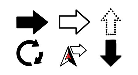 This vector image shows a set of navigation arrow icons including solid, outline, dotted, circular, and compass styles used for direction and guidance in design projects. Clear and modern.のイラスト素材