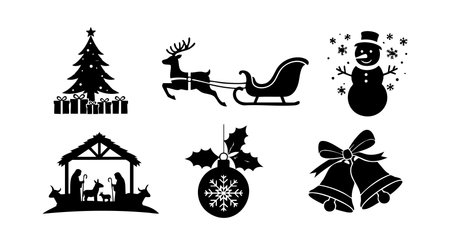 Black and white Christmas holiday vector icons include a decorated tree, reindeer pulling a sleigh, a snowman, nativity scene, holly ornament, and ringing bells, creating festive and traditional mood.のイラスト素材