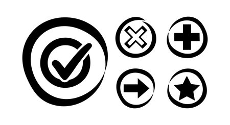 Vector file displays black and white check mark, cross, plus, arrow, and star symbols in circle shapes, designed for user interface or graphic design projects, clear and minimal style, neutral mood.のイラスト素材