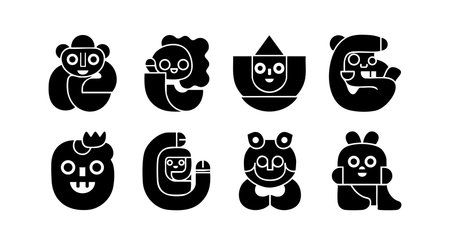 This vector image features eight fun black and white cartoon icons including animals and whimsical characters, ideal for creative projects and playful designs. Cheerful and lighthearted.のイラスト素材