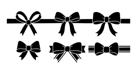 This vector features six black ribbon bows in different shapes and styles arranged in two rows, suitable for decoration and design work, conveying elegance and simplicity. Calm mood.のイラスト素材