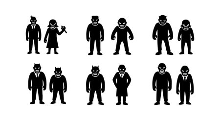 This vector features black silhouette icons of classic monster characters including vampire, witch, werewolf, and Frankenstein, arranged in a grid style. Suitable for spooky design projects. Mysterious mood.のイラスト素材