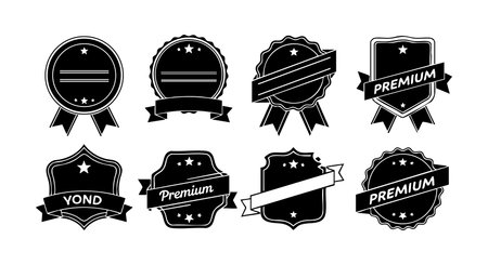 Set of vintage black premium badge labels with star decorations and ribbon banners in various shapes, designed for elegant branding and design projects. Classic and stylish mood.のイラスト素材