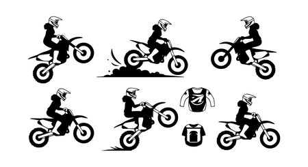 Vector illustration showing a motorbike rider in helmet performing jumps and wheelies on a dirt bike in various action poses with protective gear, emphasizing dynamic and adventurous mood.のイラスト素材