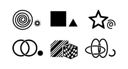 Illustration features various black geometric shapes like spirals, stars, circles, triangles, squares, and cubes arranged simply in a vector style. Minimalist and modern.のイラスト素材