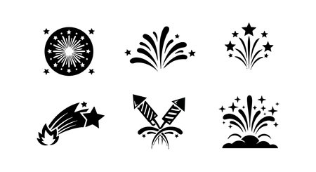 This vector set features six black silhouette fireworks with star effects, perfect for festive events and celebrations, creating an exciting and joyful atmosphere. Energetic mood.のイラスト素材