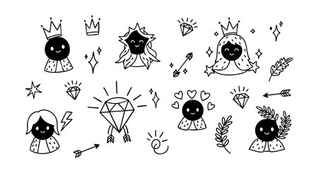 This vector shows cute black angel characters with crowns, diamonds, hearts, and arrows in a simple hand-drawn style. The design is playful and charming, perfect for decoration. Cheerful mood.のイラスト素材