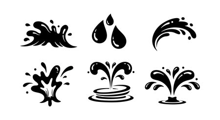 Set of black water splash, droplets, and fountain vector icons representing fluid motion and energy in a minimalist style. Ideal for water-related design with dynamic and fresh mood.のイラスト素材