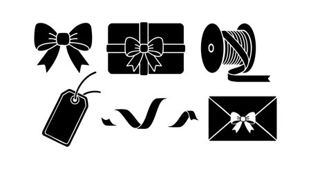 This vector file shows six black silhouette icons of gift bows, a wrapped present, spool of ribbon, price tag, loose ribbon, and envelope with bow, depicted in simple style, elegant and clean mood.のイラスト素材