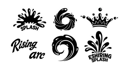 This vector set features black splash water drops, a rising arc, and a crown design element for creative projects. Perfect for logos and artistic water themes. Stylish and dynamic.のイラスト素材