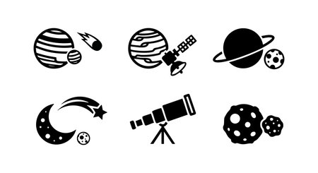 Vector icons featuring planets, stars, comets, a telescope, and a satellite in black silhouette style, depicting outer space exploration with a clean and simple design. Calm and scientific.のイラスト素材