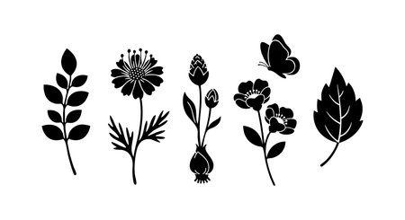 This vector features black silhouettes of various leaves and flowers, showing botanical diversity in a clean, minimalist style. Ideal for nature-themed design projects. Calm and elegant.のイラスト素材