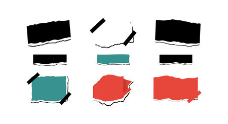 Illustration showing torn paper pieces in black, teal, and red colors with tape accents, arranged for design use. The vector style is clean and modern, creating a creative and artistic mood.のイラスト素材