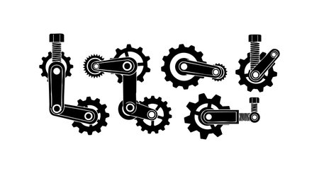 Illustration shows six distinct black gear and spring mechanical components featuring levers and cogwheels in a clean vector style, conveying precision and industrial functionality. Technical mood.のイラスト素材