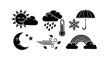 This vector file displays a variety of weather icons such as sun, clouds, rain, thermometer, snowflake, umbrella, moon, wind, and rainbow, presented in a simple black silhouette style. Functional and clear design, versatile.のイラスト素材
