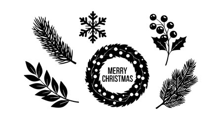 Black and white vector illustration featuring a Christmas wreath, pine branches, holly berries, and a snowflake in minimalist style, evoking a festive and classic holiday mood.のイラスト素材