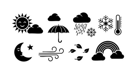 This vector set features weather icons including sun, moon, clouds, rain, snowflakes, umbrella, wind, leaves, and rainbow in simple black design, presenting versatile and clear climate symbols. Clean and functional.のイラスト素材
