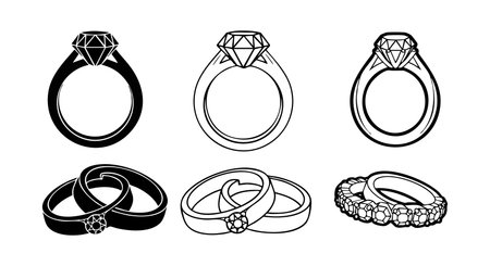 Vector set displays diamond engagement rings and wedding bands in black and white line and solid styles, symbolizing marriage and commitment with elegant simplicity. Stylish and clear.のイラスト素材