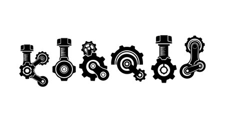 This vector features black mechanical gear and bolt icons arranged in a row, representing industrial and technical elements with clear silhouettes and sharp details, conveying precision and engineering mood.のイラスト素材