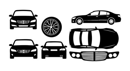 Vector icons show car views including front, side, back, top, wheel, and grille in black silhouette style. Suitable for automotive and transport designs. Simple and modern mood.のイラスト素材