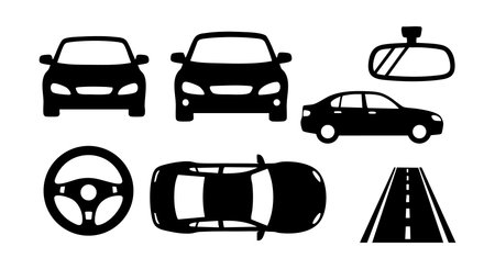 This vector set features black car silhouettes, a steering wheel, a rearview mirror, and a road icon in a simple, flat style. It conveys automotive themes with clarity and minimalism. Clean and modern mood.のイラスト素材